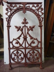 Balustrade panels, cast iron x 6, additional panels can be recast to order Original Victorian verandah balustrade panels cast iron, grit blasted and coated with structural primer. w 413 x h 810, $220 each Additional panels can be recast to order, contact us for prices salvage recycled demolition, reproduction restoration, renovation, collectable, secondhand, used, original, old, reclaimed heritage, antique restored