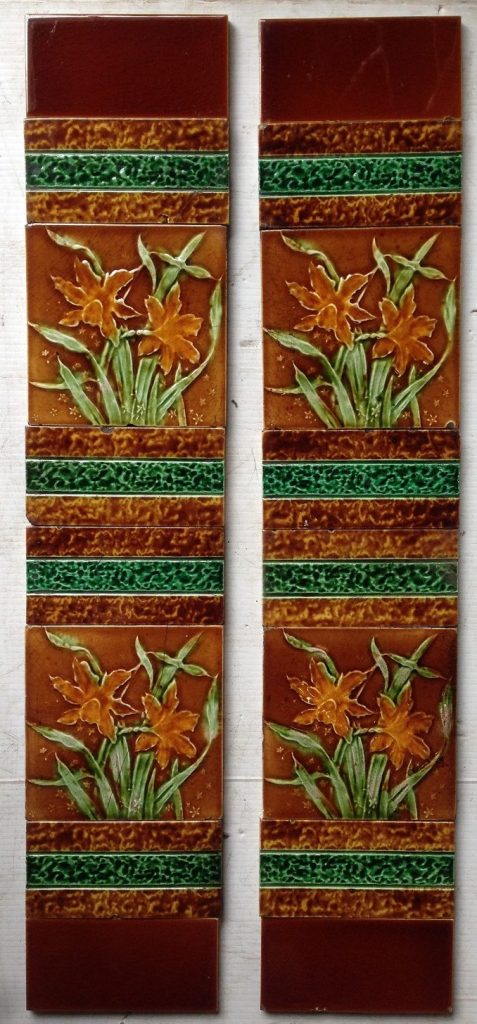 Victorian fireplace tiles daffodils / jonquils, two panel set, original tiles and arrangement, some historical repairs and chips to some edges $170 (OTB 177) salvaged, recycled, demolition, reproduction, restoration, home renovation secondhand, used , original, old, reclaimed, heritage, antique, victorian, art nouveau edwardian, georgian, art deco