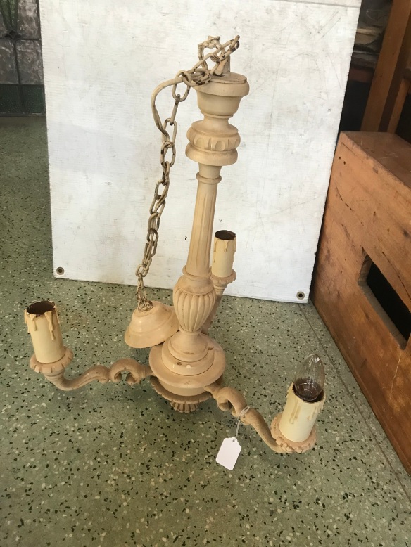 salvage recycled demolition, reproduction restoration, renovation, collectable, secondhand, used, original, old, reclaimed heritage, antique restored painted wooden chandelier style light, 3 branch, $120