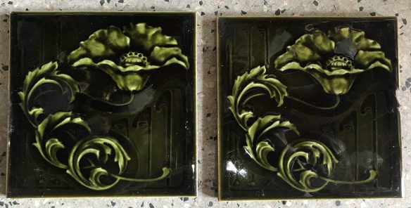 salvaged recycled demolition, reproduction, restoration, renovation,collectable, secondhand, used , original, old, reclaimed, heritage, antique, victorian, edwardian, georgian art nouveau ceramic arts and crafts decorative aesthetic , Georgian pair of original victorian tiles, small chips to one tile. $ 40 the pair. Set 43