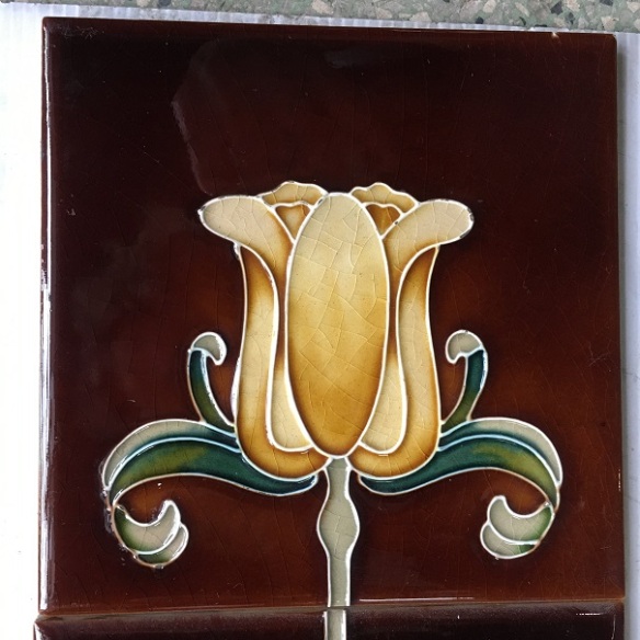 Detail of reproduction yellow tulip on brown background continuous pattern tile set. Only one panel available, $145 OTB
