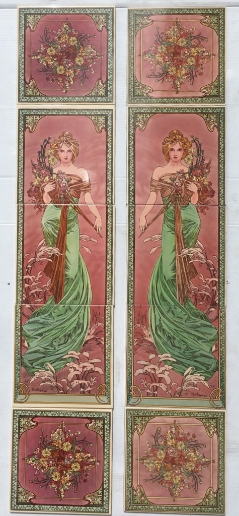 SOLD - can be ordered - Alphonse Mucha 'Spring' reproduction Art Nouveau fireplace tiles, continuous pattern 'Spring', woman in a green dress on a pink background, mirror image left and right panels, $400 OTB 22 salvaged vintage recycled, demolition, reproduction, restoration, home renovation secondhand, used , original, old, reclaimed, heritage, antique, victorian, art nouveau edwardian georgian art deco