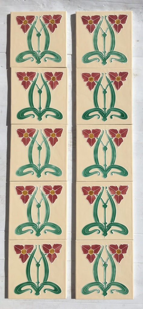 Reproduction fireplace tiles Water Plantain flower cream background with pink Art Nouveau style flowers, 10 tile set $330 OTB 68 salvaged, vintage recycled, demolition, reproduction, restoration, home renovation secondhand, used , original, old, reclaimed, heritage, antique, victorian, art nouveau edwardian, georgian, art deco