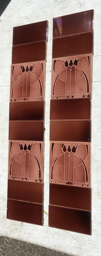 Original Sherwin and Cotton Art Deco (hint of Art Nouveau) three stylised tulips, , moulded tiles in monochrome mushroom pink, two panel fireplace set, $330 OTB 127 vintage salvaged 1800s 1900 1910 1920 1930 1940 1950 recycled demolition reproduction, restoration, renovation secondhand, used , original,old,reclaimed,heritage,antique, victorian,art nouveau edwardian, georgian,art deco