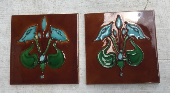 H and R Johnson, collectable hand tubelined tiles, Art Nouveau, (matching tiles in fireplace set OTB 114) blue glazed flowers, vivid green foliage, deep amber background. $120 pair WS vintage salvaged 1800s 1900 1910 1920 1930 1940 1950 recycled demolition reproduction, restoration, renovation secondhand, used , original,old,reclaimed,heritage,antique, victorian,art nouveau edwardian, georgian,art deco
