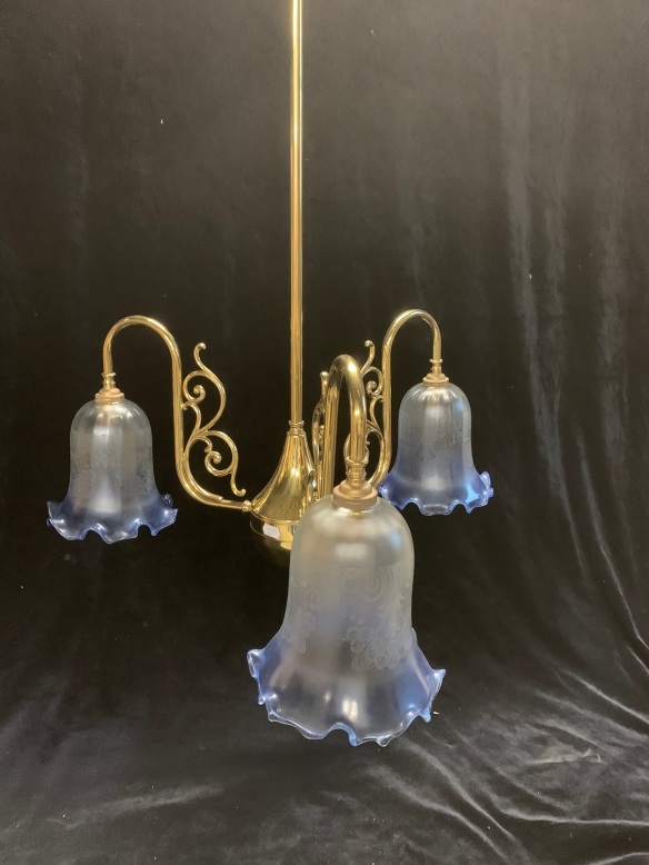 vintage salvaged 1800s 1900 1910 1920 1930 1940 1950 recycled demolition reproduction, restoration, renovation secondhand, used , original,old,reclaimed,heritage,antique, victorian,art nouveau edwardian, georgian,art deco3 branch pendant light with blue etched shades , 1100 mm drop x 500 mm diameter , $ 225