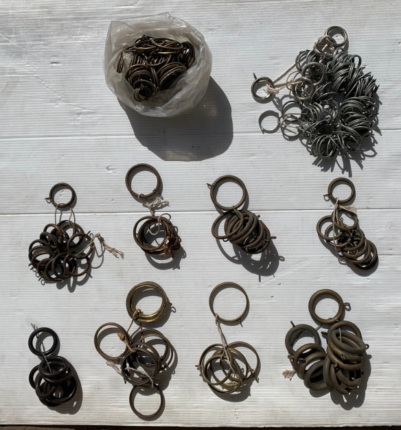 Assorted brass curtain rings, many vintage, most grouped, some loose salvaged, recycled, demolition, reproduction, restoration, home renovation secondhand, used , original, old, reclaimed, heritage, antique, victorian, art nouveau edwardian, georgian, art deco