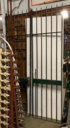 Over 3 metre tall pair of security gates with top grill, solid steel round bar with pointed tips. two posts with hinge pins included. Width (without posts) x 1480mm x height (without top grill) 2610mm + top grill width 1480 x height 700mm. $1200 salvaged vintage recycled, demolition, reproduction, restoration, home renovation secondhand, used , original, old, reclaimed, heritage, antique, victorian, art nouveau edwardian georgian art deco