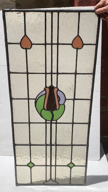 Art Nouveau leadlight panel, pinks, lavender and green flower with clear ripple glass, 1070 x 460mm, $575salvaged vintage recycled, demolition, reproduction, restoration, home renovation secondhand, used , original, old, reclaimed, heritage, antique, victorian, art nouveau edwardian georgian art deco