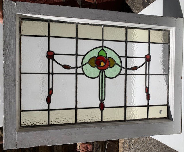 Original leadlight, Art Nouveau, stylised red rose with swags on clear ripple glass, frame 610 x 865, glass 477 x 750mm, 2 available, $425 each salvaged vintage recycled, demolition, reproduction, restoration, home renovation secondhand, used , original, old, reclaimed, heritage, antique, victorian, art nouveau edwardian georgian art deco