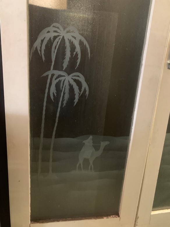 Etched glass French door pair, desert scene with palm trees, pyramid, and camel. Timber frame, nickel plate handle. h 2028 x w1500mm, $545salvaged vintage recycled, demolition, reproduction, restoration, home renovation secondhand, used , original, old, reclaimed, heritage, antique, victorian, art nouveau edwardian georgian art deco