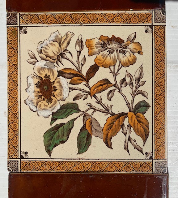 Detail of Original c1900 Aesthetic period feature tiles, floral hand tinted print, two panel fireplace set, $310 (OTB 196) salvaged vintage recycled, demolition, reproduction, restoration, home renovation secondhand, used , original, old, reclaimed, heritage, antique, victorian, art nouveau edwardian georgian art deco