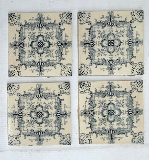 Black on cream, late 1800s Classical print feature tiles, English, 153 x 153mm, 8 available, $90 / pair (WS) salvaged vintage recycled, demolition, reproduction, restoration, home renovation secondhand, used , original, old, reclaimed, heritage, antique, victorian, art nouveau edwardian georgian art deco