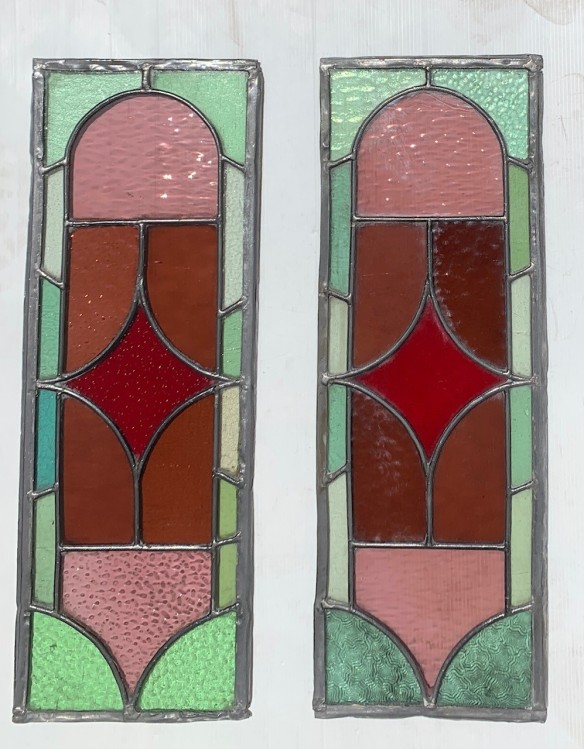 Victorian style leadlight window panels, full colour, red, green , madder, pink. 2 available, 507 x 180mm, $220 each (FOZ)salvaged vintage recycled, demolition, reproduction, restoration, home renovation secondhand, used , original, old, reclaimed, heritage, antique, victorian, art nouveau edwardian georgian art deco