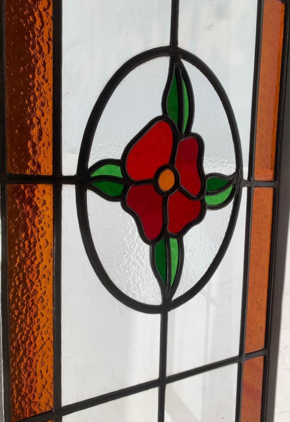 detail of Red flower leadlight panel with clear glass with amber border. w 300 x h 1270mm, 1 available, $375 salvaged vintage recycled, demolition, reproduction, restoration, home renovation secondhand, used , original, old, reclaimed, heritage, antique, victorian, art nouveau edwardian georgian art deco