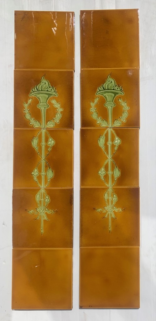 Classical flaming torch design c1900, G&T Ltd, England. Two panel set $255 OTB 199 salvaged vintage recycled, demolition, reproduction, restoration, home renovation secondhand, used , original, old, reclaimed, heritage, antique, victorian, art nouveau edwardian georgian art deco