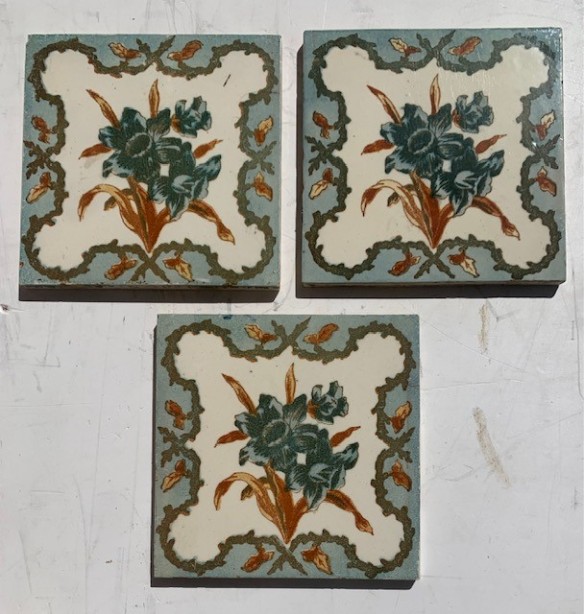 English Aesthetic floral print, muted blues and tan, yellow, original, 6x6 inch, 3 available, $25 each SET 324 salvaged vintage recycled, demolition, reproduction, restoration, home renovation secondhand, used , original, old, reclaimed, heritage, antique, victorian, art nouveau edwardian georgian art deco