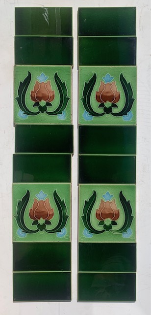 T & R Boote, England. Art Nouveau feature tiles, c 1905, bold stylised flower in pinky/ madder brown, blue with greens. two panel set, $260 OTB 203 salvaged vintage recycled, demolition, reproduction, restoration, home renovation secondhand, used , original, old, reclaimed, heritage, antique, victorian, art nouveau edwardian georgian art deco
