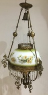 Hanging Miller oil light, ornate solid brass, hand painted glass shade with cut glass drops, approx drop height 100cm x diameter 50cm, $930 salvaged vintage recycled, demolition, reproduction, restoration, home renovation secondhand, used , original, old, reclaimed, heritage, antique, victorian, art nouveau edwardian georgian art deco
