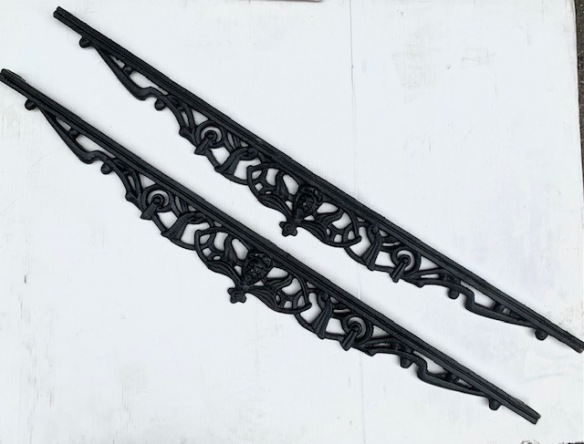 Cast iron decorative panels, with face details, lugs for screw attaching, 4 available, 121 x 14cm $50 each salvaged vintage recycled, demolition, reproduction, restoration, home renovation secondhand, used , original, old, reclaimed, heritage, antique, victorian, art nouveau edwardian georgian art deco