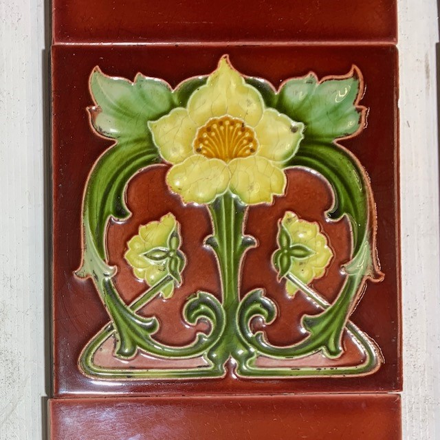Rhodes Tile Co, England c1904 Art Nouveau feature tiles with matching original 3x6 inch tiles Russet burgundy ground, pale yellow flowers with foliage, 2 panel fireplace set $230 (OTB 207) salvaged vintage recycled, demolition, reproduction, restoration, home renovation secondhand, used , original, old, reclaimed, heritage, antique, victorian, art nouveau edwardian georgian art deco