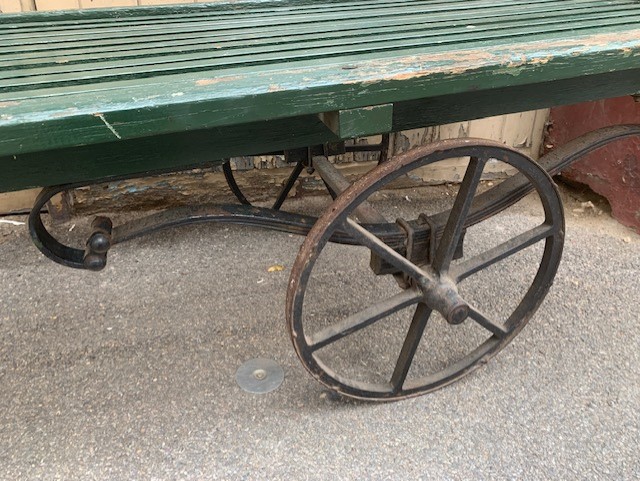 salvaged vintage recycled, demolition, reproduction, restoration, home renovation secondhand, used , original, old, reclaimed, heritage, antique, victorian, art nouveau edwardian georgian art deco wheel barrow trolley Detail of Circa 1900 market barrow, cast iron sprung wheels, timber uppers, beauiful original display piece. Length incl arms 2330mm x width 905mm, $950