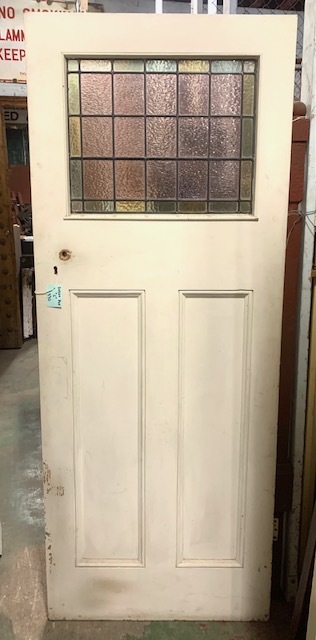 Circa 1900 internal leadlight door, upper glass panel, two vertical panels. Leadlight in pink/mauve and yellow ripple glass. width 2020 x 805 x 43mm. Dor "C" $330 salvaged vintage recycled, demolition, reproduction, restoration, home renovation secondhand, used , original, old, reclaimed, heritage, antique, victorian, art nouveau edwardian georgian art deco