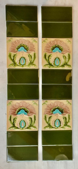 Corn Bros, England c1895 feature tiles with stylised flower dusky pink, turquoise and green on pale yellow ground. Aesthetic Period, 2 panel fireplace set $260 (SET 347) salvaged vintage recycled, demolition, reproduction, restoration, home renovation secondhand, used , original, old, reclaimed, heritage, antique, victorian, art nouveau edwardian georgian art deco