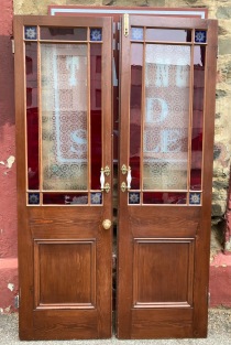 Original Victorian astragal / end of passage hallway French doors and hopper window, red, white and blue etched glass in immaculate original condition, 2065mm high x 1215mm wide x 40mm deep, hopper window 1215mm wide x 560mm high (D100) $1600 salvaged vintage recycled, demolition, reproduction, restoration, home renovation secondhand, used , original, old, reclaimed, heritage, antique, victorian, art nouveau edwardian georgian art deco