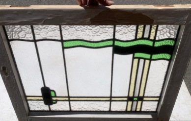 Detail of original Art Deco leadlight window with asymmetric design, green and yellow glass, frame 712 x 605mm, glass 610 x (D105) $350 salvaged vintage recycled, demolition, reproduction, restoration, home renovation secondhand, used , original, old, reclaimed, heritage, antique, victorian, art nouveau edwardian georgian art deco