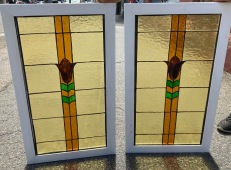 Yellow, orange, green framed leadlight panels, small break in one panel, frame 380 W x 655 H, glass 300 W x 580 H, 2 available (LL66) $45 each demolition, reproduction, restoration, home renovation secondhand, used , original, old, reclaimed, heritage, antique, victorian, art nouveau edwardian, georgian, art deco