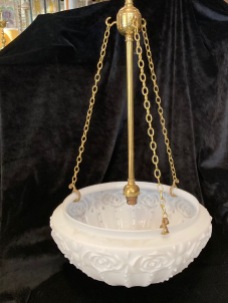 Reproduction brass rod and chain with white matte glass bowl lighting, 120cm drop, 36cm diam (L73) $275 salvaged vintage recycled, demolition, reproduction, restoration, home renovation secondhand, used , original, old, reclaimed, heritage, antique, victorian, art nouveau edwardian georgian art deco