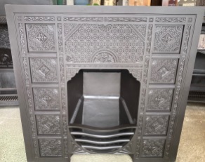 Original unusual fully restored English made cast iron fire insert with ornate detail and thistle and shamrock motifs, 965 x 965 (F88) $1200 demolition, reproduction, restoration, home renovation secondhand, used , original, old, reclaimed, heritage, antique, victorian, art nouveau edwardian, georgian, art deco
