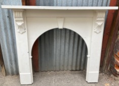 Arched timber mantelpiece, painted white with Victorian scrolls, top shelf 1420 W x 220 D, height 1210mm, opening 880 W x 910 H (M84) $440 salvaged vintage recycled, demolition, reproduction, restoration, home renovation secondhand, used , original, old, reclaimed, heritage, antique, victorian, art nouveau edwardian georgian art deco