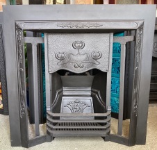 Original fully restored #50 Art Nouveau cast iron fire insert, 965 x 965 (F101) $765 plus tiles of your choice salvaged vintage recycled, demolition, reproduction, restoration, home renovation secondhand, used , original, old, reclaimed, heritage, antique, victorian, art nouveau edwardian georgian art deco
