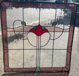 Original Art Nouveau leadlight panel, fully restored in red, clear, green and pink glass, 820w x 820H (Fozi LL87) $485 salvaged vintage recycled, demolition, reproduction, restoration, home renovation secondhand, used , original, old, reclaimed, heritage, antique, victorian, art nouveau edwardian georgian art deco