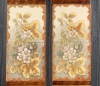 detail of Victorian era floral fireplace tile set with continuous panels. Classical / Aesthetic movement. Late 1800s. Flowers and foliage in ambers, greens, yellows om cream clay. $420 for the two panel set + $80 for two feature tiles for a fireplace hood (OTB306) salvaged, recycled, demolition, reproduction, restoration, home renovation secondhand, used , original, old, reclaimed, heritage, antique, victorian, art nouveau edwardian, georgian, art deco
