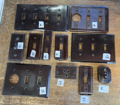 Bakelite switches and plates. Original never-used old stock in original packaging $5 each salvaged vintage recycled, demolition, reproduction, restoration, home renovation secondhand, used , original, old, reclaimed, heritage, antique, victorian, art nouveau edwardian georgian art deco