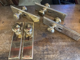 Extra large brass door handle and plate sets, plates 30cm H, knobs 6cm diam (H124) $30 set of two salvaged vintage recycled, demolition, reproduction, restoration, home renovation secondhand, used , original, old, reclaimed, heritage, antique, victorian, art nouveau edwardian georgian art deco