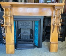 Original Edwardian polished Baltic pine fire surround with turnings, top shelf 1400 W x 230 D x 1220 H, opening 940 W x 955 H (M85) $545 salvaged vintage recycled, demolition, reproduction, restoration, home renovation secondhand, used , original, old, reclaimed, heritage, antique, victorian, art nouveau edwardian georgian art deco