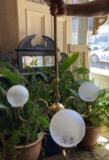 3 arm brass pendant light with etched glass frosted ball shades (L92) $125 salvaged vintage recycled, demolition, reproduction, restoration, home renovation secondhand, used , original, old, reclaimed, heritage, antique, victorian, art nouveau edwardian georgian art deco