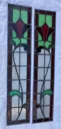 Art Nouveau original restored green, maroon and red leadlight panels, 1130 H x 225 W per panel (LL105) $375 each salvaged vintage recycled, demolition, reproduction, restoration, home renovation secondhand, used , original, old, reclaimed, heritage, antique, victorian, art nouveau edwardian georgian art deco