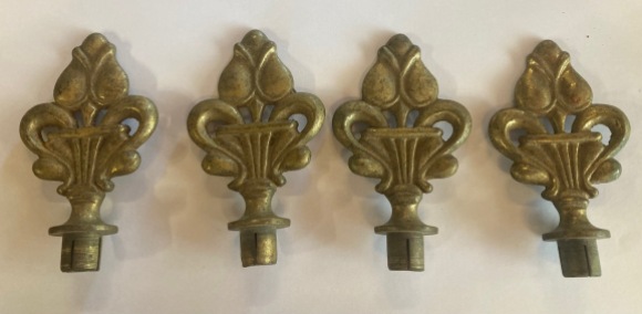 Four beautifully designed brass curtain rod decorative ends, 9cm long with two brass rods 2140 L (H126) $35 for 2 ends and one rod set. salvaged vintage recycled, demolition, reproduction, restoration, home renovation secondhand, used , original, old, reclaimed, heritage, antique, victorian, art nouveau edwardian georgian art deco
