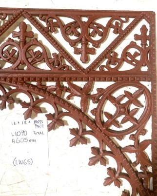 Detail of original Victorian cast iron verandah corners, 1x left hand, 1x right hand and 1x for spare parts, 1090 L x 605 H (LW65) salvaged vintage recycled, demolition, reproduction, restoration, home renovation secondhand, used , original, old, reclaimed, heritage, antique, victorian, art nouveau edwardian georgian art deco