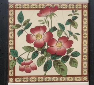 Reproduction fireplace tile set with pair of floral / climbing rose design feature tiles in cream, burgundy, greens and teapot brown border, with cream spacer tiles (can be changed to burgundy, brown etc) 2 panel fireplace set $125 (OTB308) salvaged vintage recycled, demolition, reproduction, restoration, home renovation secondhand, used , original, old, reclaimed, heritage, antique, victorian, art nouveau edwardian georgian art deco