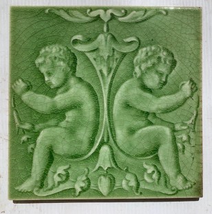 T & R Boote Cherub / Putti Classical design moulded tiles, 152 x 152 x 11mm. 2 available, one with chips $28, one with darker edge $35 (SB)salvaged vintage recycled, demolition, reproduction, restoration, home renovation secondhand, used , original, old, reclaimed, heritage, antique, victorian, art nouveau edwardian georgian art deco