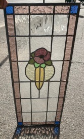 Original restored lead light panel, maroon, green, yellow, 360 W x 915 H (LL111 Fozi) $445 salvaged recycled demolition, reproduction restoration, renovation, collectable, secondhand, used, original, old, reclaimed heritage, antique restored stained glass