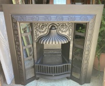 Interesting original restored Victorian fire insert c1890 with fluted bell hood, 960 W x 965 H (F115) $765 plus your choice of tiles salvaged vintage recycled, demolition, reproduction, restoration, home renovation secondhand, used , original, old, reclaimed, heritage, antique, victorian, art nouveau edwardian georgian art deco