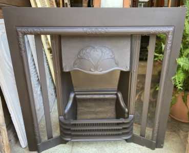 Original fully restored Art Nouveau cast iron fire insert, c1910, 960 W x 965 H (F114) $765 plus your choice of tiles salvaged vintage recycled, demolition, reproduction, restoration, home renovation secondhand, used , original, old, reclaimed, heritage, antique, victorian, art nouveau edwardian georgian art deco