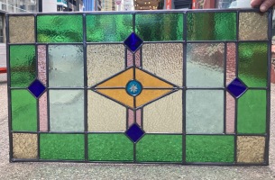 Art Deco original and restored leadlight with etched glass centre, green, pink, yellow and blue colourways, 880 x 520mm, works beautifully in horizontal and vertical layout (LL116) $345 salvaged vintage recycled, demolition, reproduction, restoration, home renovation secondhand, used , original, old, reclaimed, heritage, antique, victorian, art nouveau edwardian georgian art deco